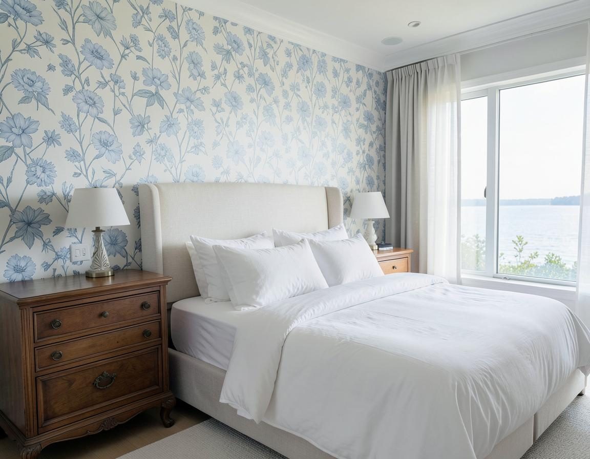 Bedroom with blue floral wallpaper and water view