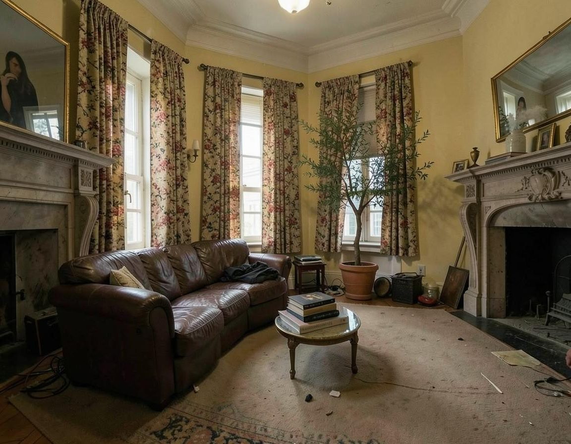 The drawing room before, with dated carpet and heavy curtains